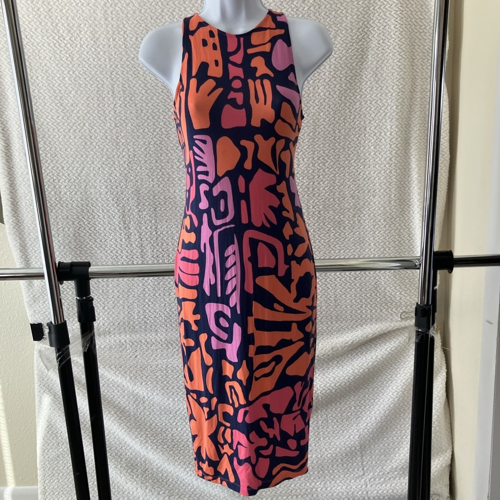 Tori Richard Hawaiian Geometric Mid Dress Size XXS‎ Rayon Stretch Vacation